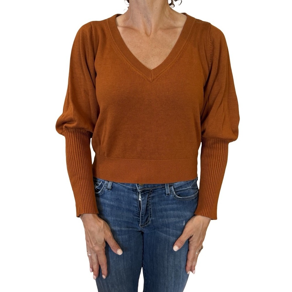 $690 Lela Rose Sweater  Women's Small Silk Cashmere Blouson Sleeve Burnt Orange